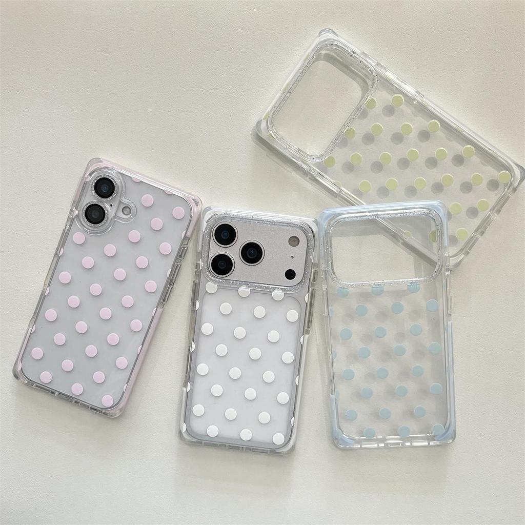 iPhone 15 ProMax Case: Transparent Square Design with Colored Polka Dots, Drop Protection