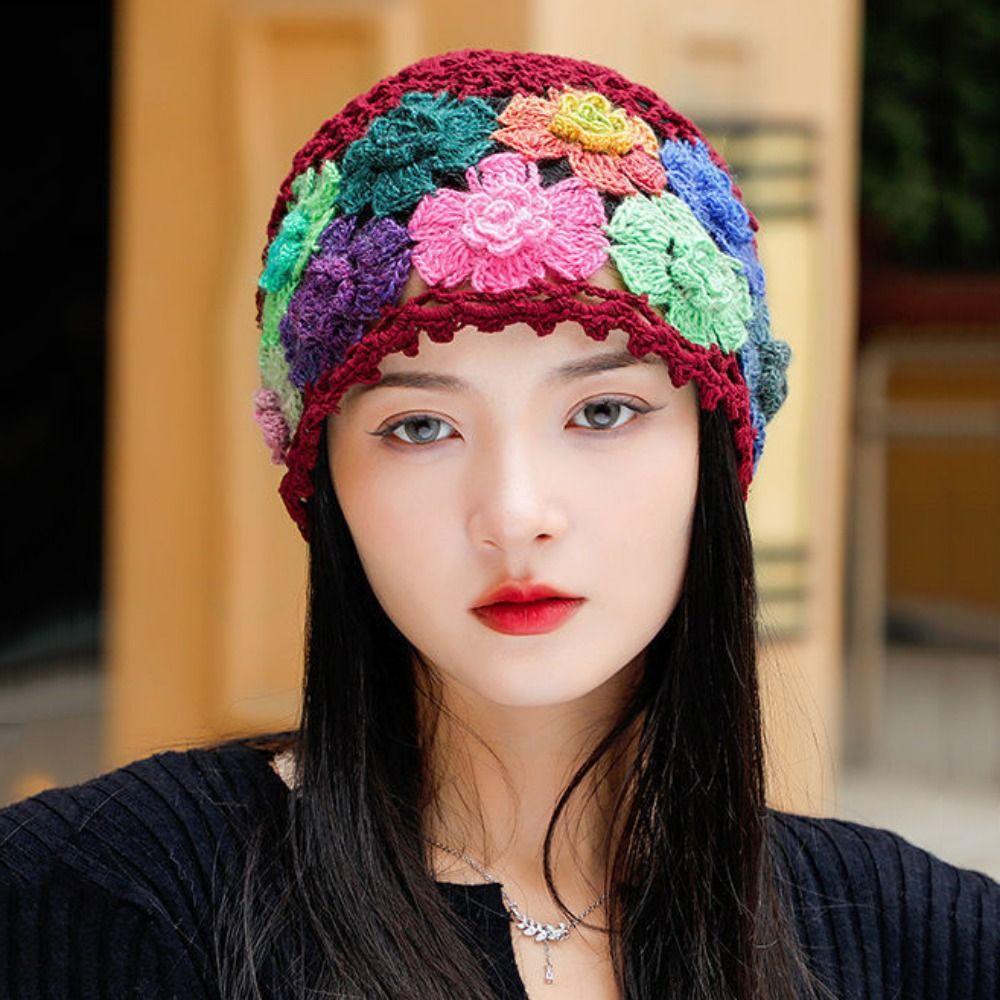 Wollblume Lochstrickmütze Häkeln Ethno-Stil Pullovermütze Mode Beanie Damen