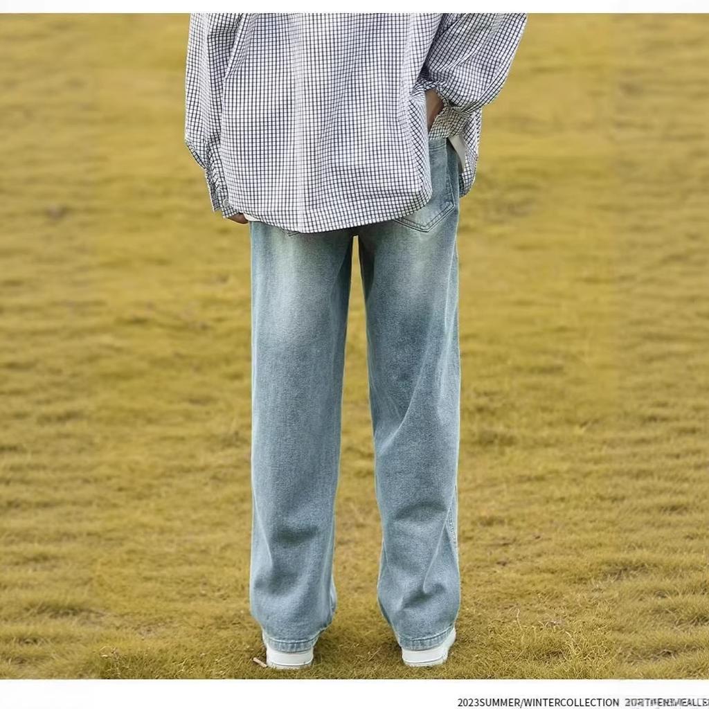 Washed light-colored jeans boys retro new men's straight loose wide-leg casual pants teenagers