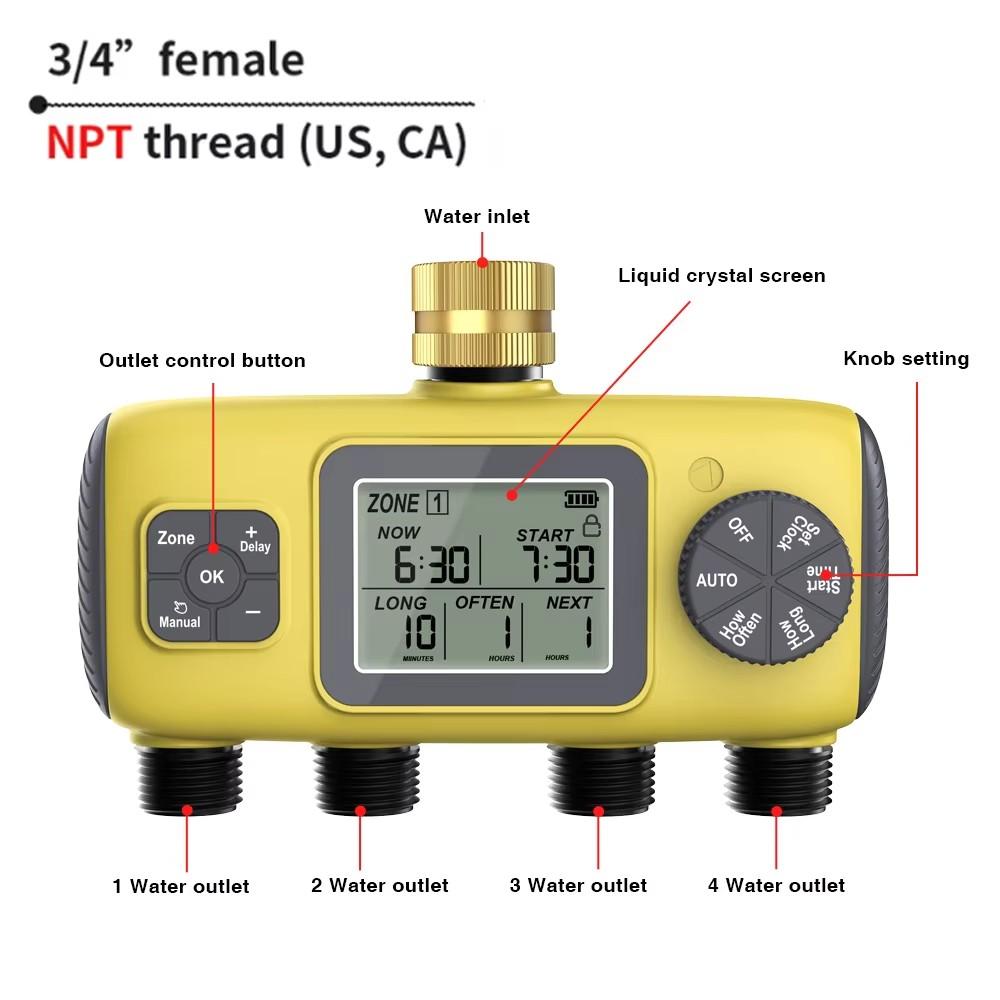 4-Outlet Automatic Irrigation Timer Digital Water Timer Programmable Lawn Sprinkler System Rainwater Rain Delay Time Controller