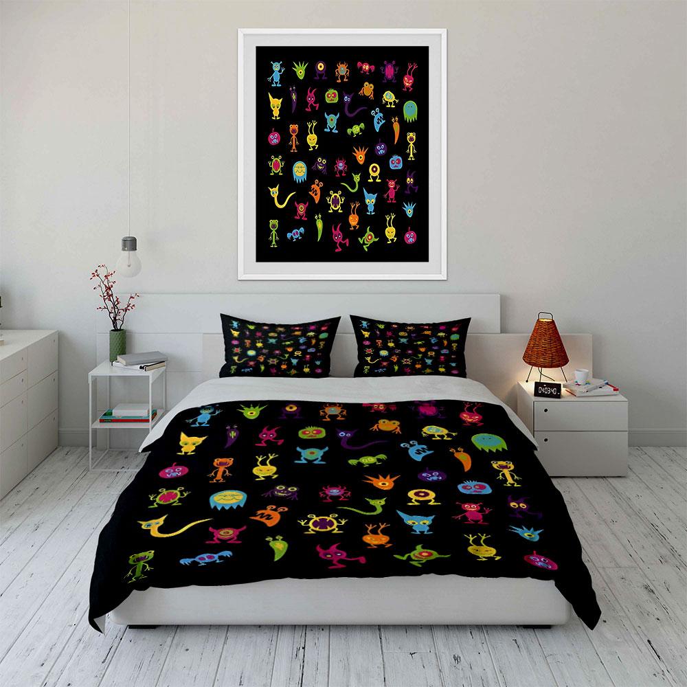 Cartoon Monster Print Kids Decor Multiple Sizes Kid'S And Adults' Bedroom Exquisite 3Pc Bedding Set, Gift