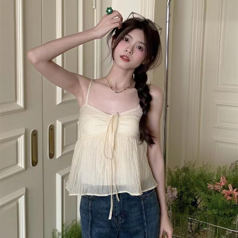 

Женский льняной милый укороченный топ без рукавов с рюшами и тонким бретелем спереди, с бантом, струящаяся майка, женская корейская майка one size бежевый