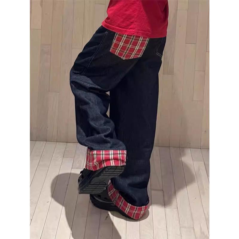 

Women s 2024 Summer Red Plaid Wide-Leg Jeans Extra Large