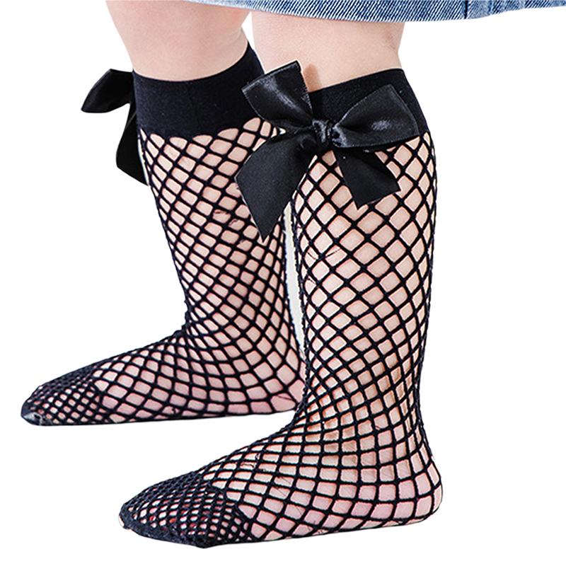 1-8years Kids Girls Knee-High Fishnet Socks Hollowed Bowknot Elastic Summer Lightweight Socks For Infant Girls