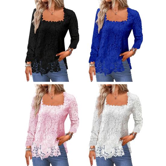 Camicia da donna primaverile con scollo quadrato scolpito in pizzo a maniche lunghe tinta unita T-shirt da donna pullover morbida e traspirante