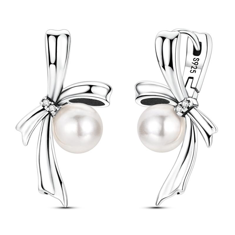 

925 Sterling Silver Bowknot Pearl Drop Earrings with Cubic Zirconia Elegant Sweet Fashion Jewelry Gift for Women
