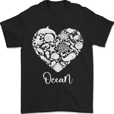 Ocean Heart Ecology Dolphin Fish Whale Octopus T-Shirt Mens 100% Cotton