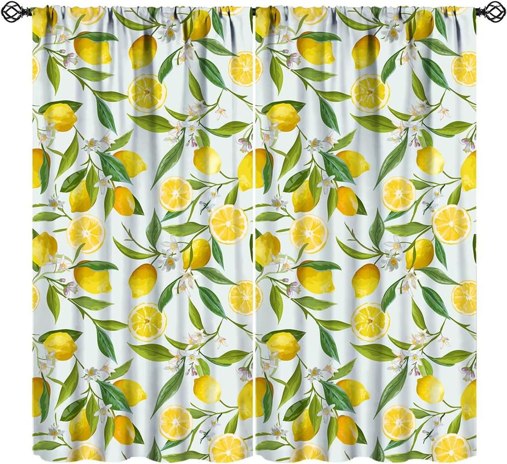 Orangenfrucht-Vorhänge, Niedliche Zitrus-Grünblätter-Blumen-Sommermuster-Vorhänge Fenster 2-teilig Stangentasche Vorhang für Schlafzimmer Wohnzimmer