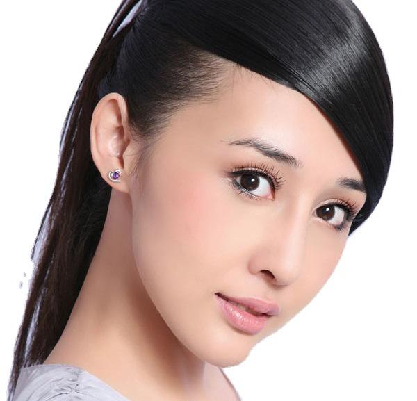 Zhenrong Women's Heart-Shaped Amethyst Stud Earrings in Silver-Plated White Copper