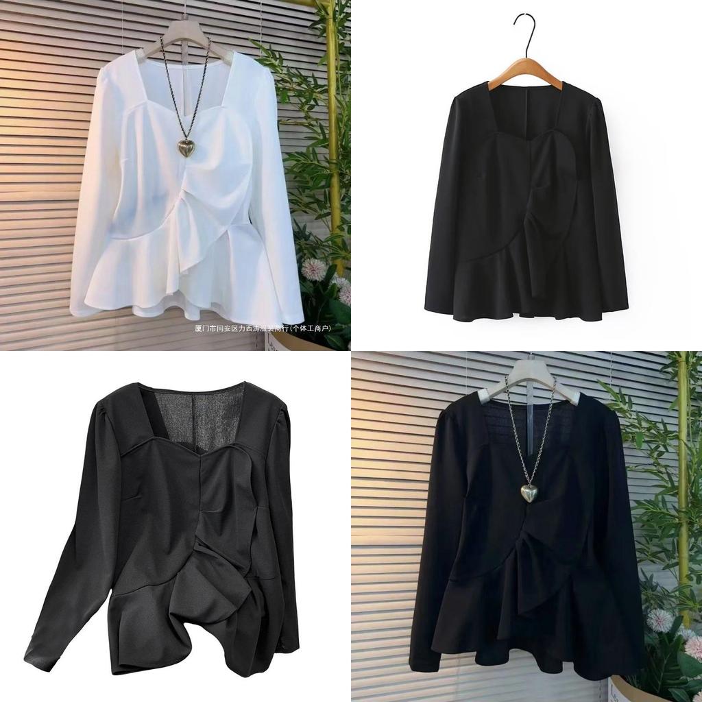 Simplicity Long Sleeved Top With Solid Color And Pleated Design For Spring Private Style