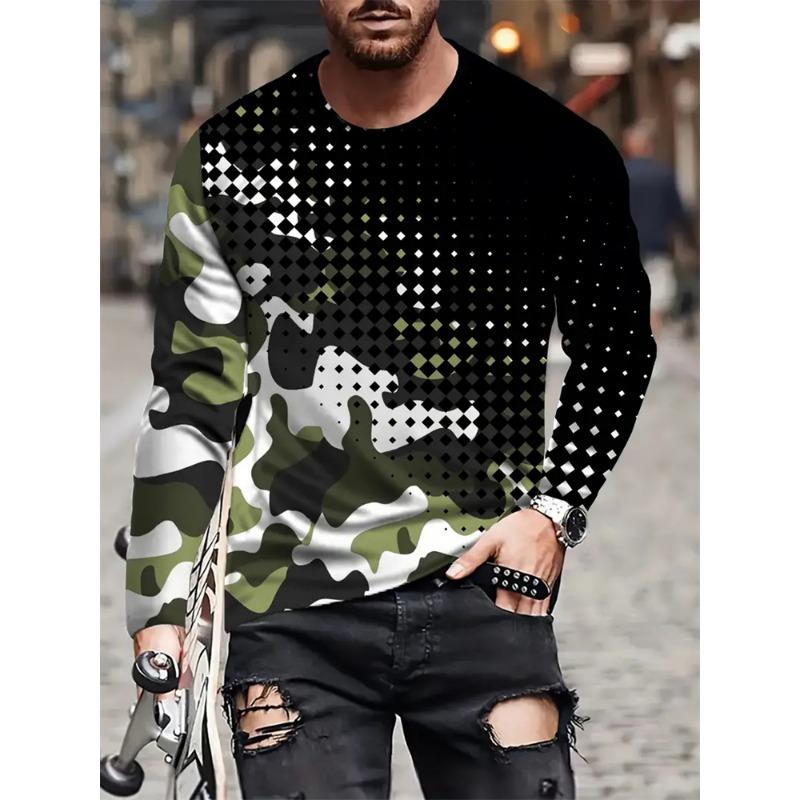 Camiseta Retro de Manga Larga para Hombre Otoño Cuello Redondo Patrón Estampado Camuflaje Ropa Casual High Street Tallas Grandes Tops para Hombre