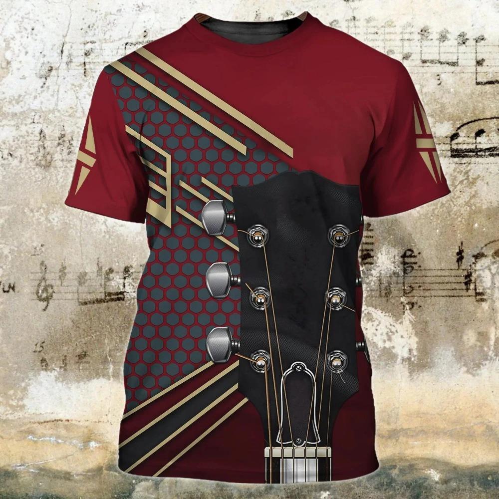 Personalized Guitar Pattern 3D Digital Print Men's Trendy Round Neck Short Sleeved T-shirt