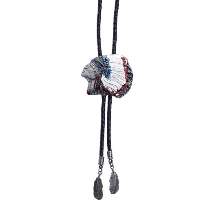 Mens Bolo Tie Indian Head Feathered Western Cowboy Necklace Jewelry Shirt Chain