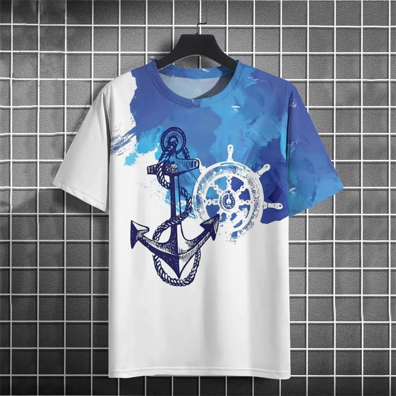 Retro Style Anchor Graphic Men T-shirt Street 3D Print Casual Fashion Stripe Short Sleeve T Shirts Summer Daily Trend Men's Tees