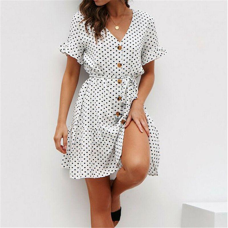 Timeless Ladies Womens Polka Dot V-neck Short Sleeve Summer Shirt Dress In Premium Quality