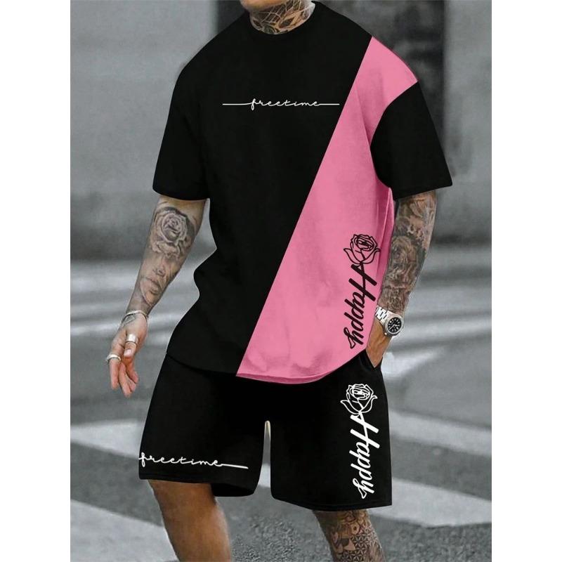 Spliced Pattern Men's T-Shirt Round Neck Short-Sleeved Drawstring Shorts Outdoor Breathable Quick Drying Short