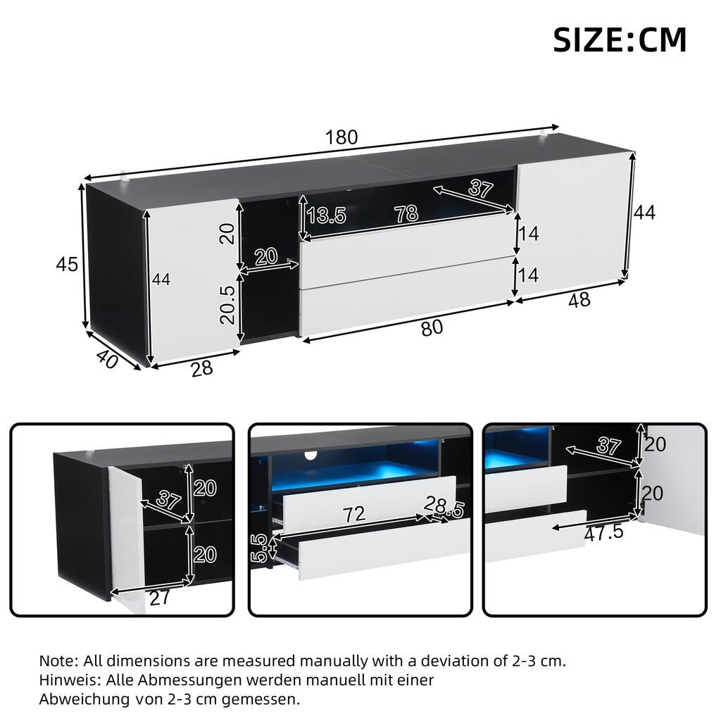 TV-Schrank LED, Hochglanz 2 Türen 2 Schubladen, TV-ständer Fernseher bis zu 75 Zoll, TV Lowboard Wohnzimmer, Esszimmer, 180cm, Schwarz & Weiß