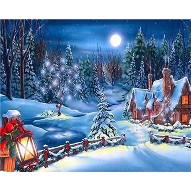 Full Round Diamond Painting Handmade Winter Scenery Cross Stitch 5d Diamond Embroidery House Landscape Decor