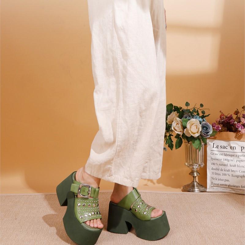 Fashion GKTINOO Genuine Leather Thick Sole Super High Heels Slippers Summer 2025 New Height Increasing Fashionable Rivet Women's Shoes