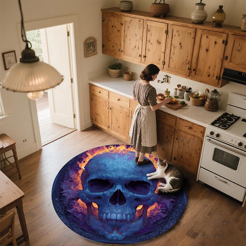 Flaming Skull,Round Area Rug,Carpet Rug for Living Room Bedroom Sofa Playroom Decor,Non-slip Floor Mat