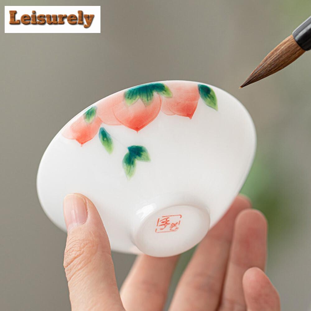 4pc/set Ice Seed Jade Porcelain Teacup Hand-painted Peach Cup Dehua White Hat Cup Ceramic Master Cup Tea Pair Set Tea Gift Box