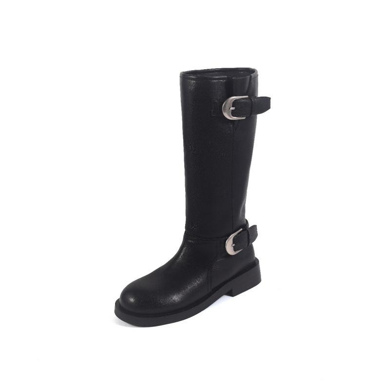 Cowhide version buckle locomotive boots long boots women's thick heel round head splicing western boots pleated stacking boots knight boots