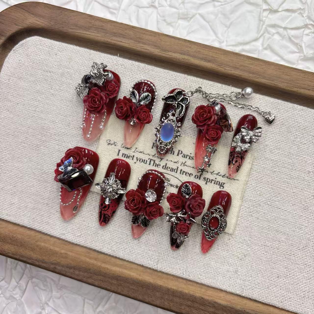 Dark Red Gothic Tassel Handmade Pointed False Nail Tips - Medium-Length Whitening Manicure