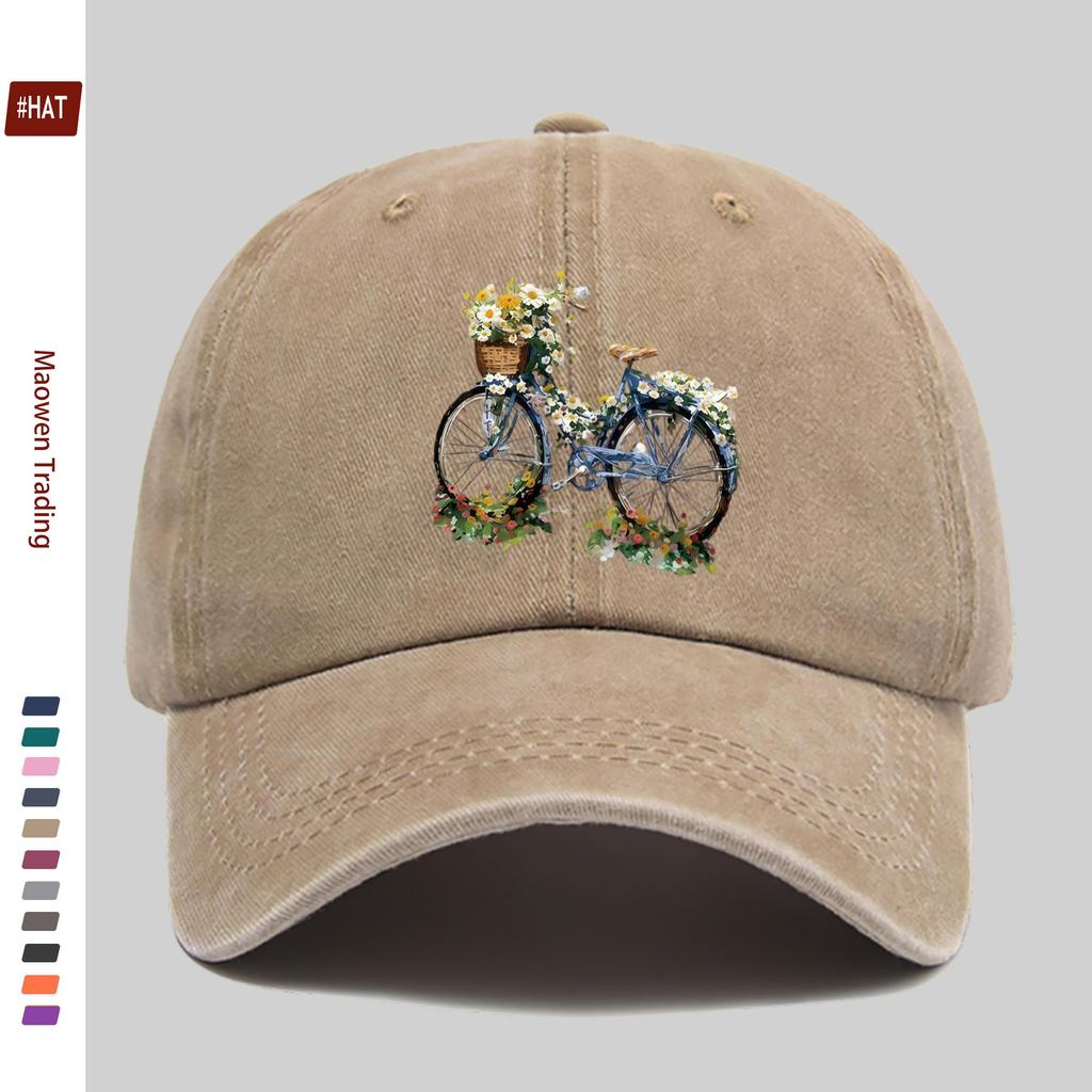 pc pcs Chrysanthem Flower Bicycle Print Trucker Hat Adjustable Snapback Cap Suitable for Men Women Vintage Washed Unise