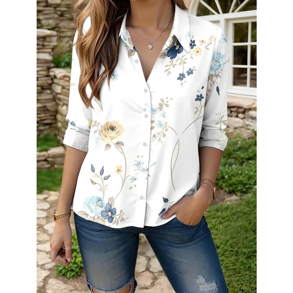 Casual Fashion Women's Outdoor Long Sleeve Cardigan Shirt, Machine Washable, Lapel Button, Printed Shirt