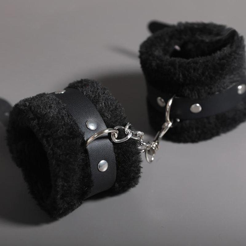 Adjustable PU Leather Plush Handcuffs Blindfold Restraints Bondage Sex Toy Accessories For Women Adults Games