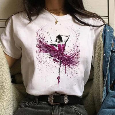 Nový akvarelový potisk baletky Dámské tričko Ležérní tančící balet O-výstřih Letní Harajuku Vintage topy Camisas Mujer