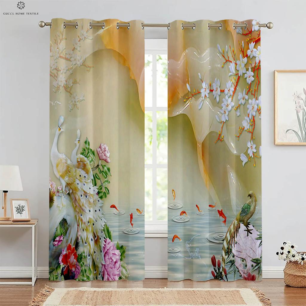 Set Of 2 Window Curtains Flowers Water Printing Kitchen Bedroom Study Living Room Decorative Curtain For Made Polyester