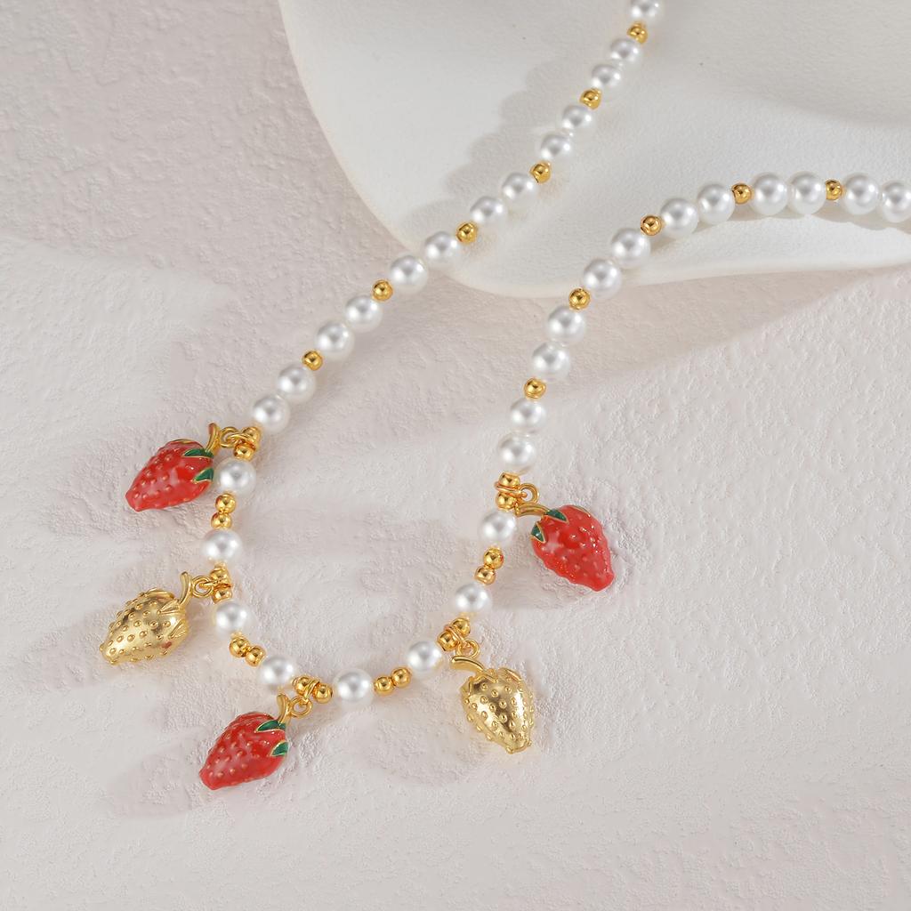 Atoztide Trendy Cherry Charm Necklace for Women Stainless Steel Imitation Pearl Chain Temperament Clavicle Chain Jewelry Gift