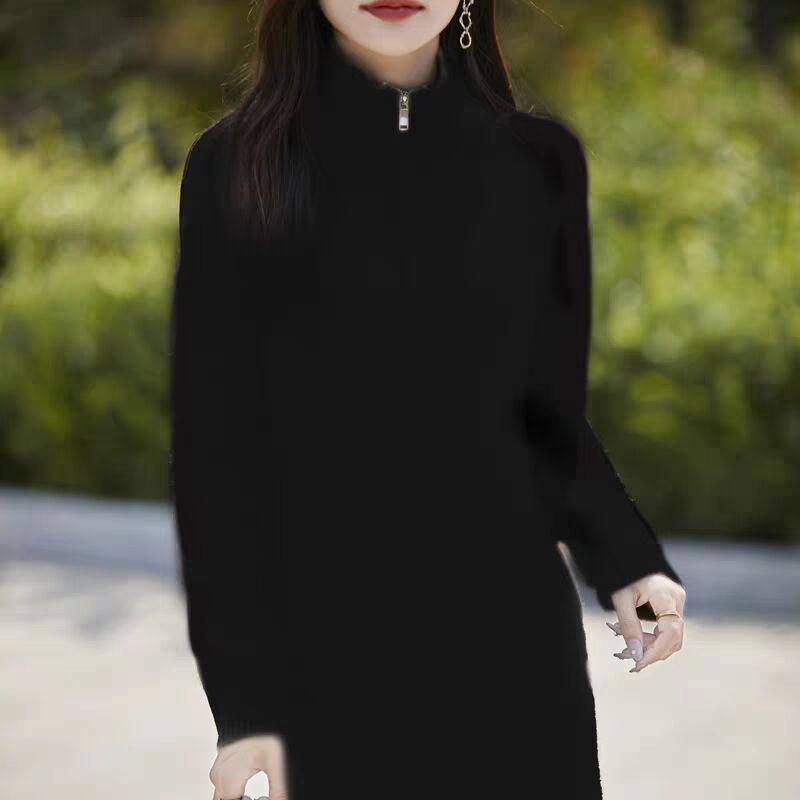 Gray Half-zipper Turtleneck Simple Knitted Primer Dress Autumn and Winter New Long Knee Sweater Skirt Women