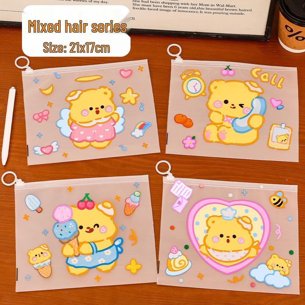 Custard Yellow Bear A5 Transparent File Bag - Cartoon Design, Large Capacity Document Storage