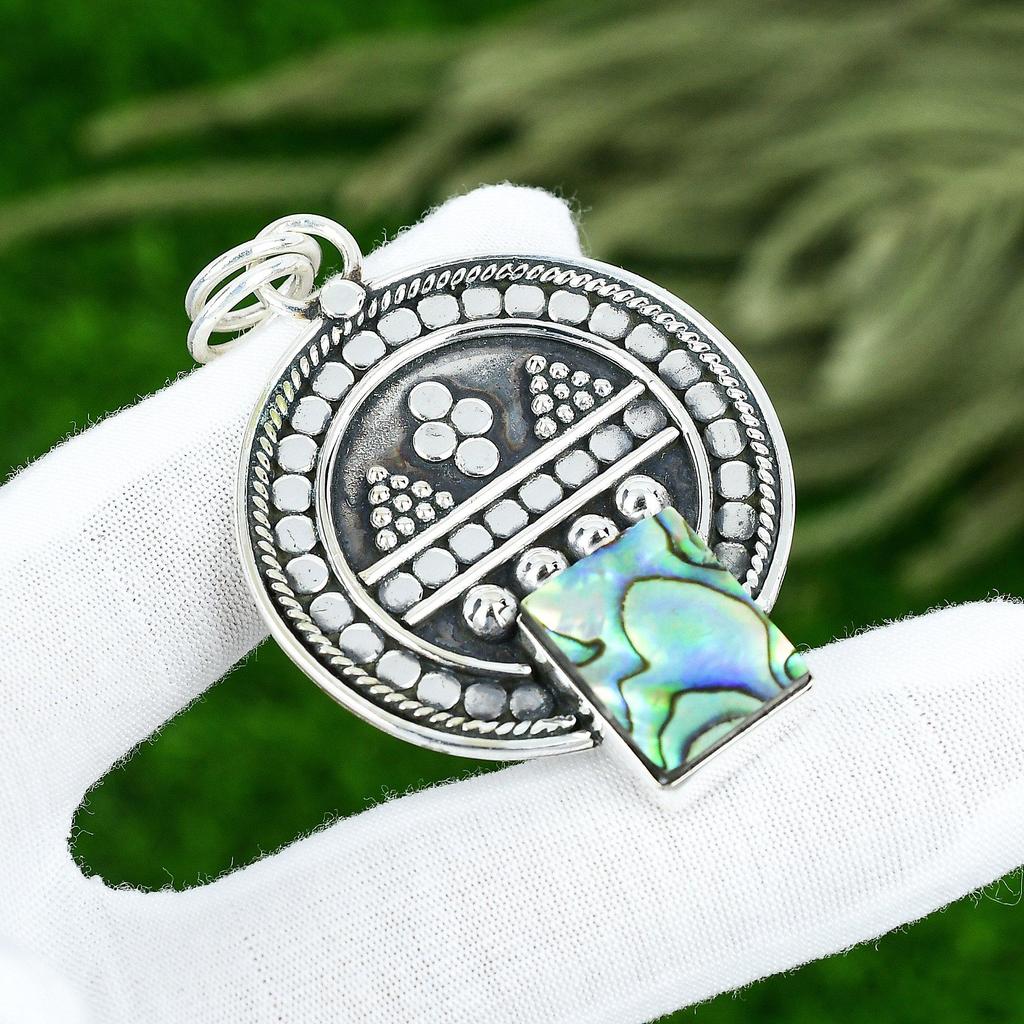 925 Sterling Silver Natural Abalone Shell Wife Engagement Bezel Birthday Pendant