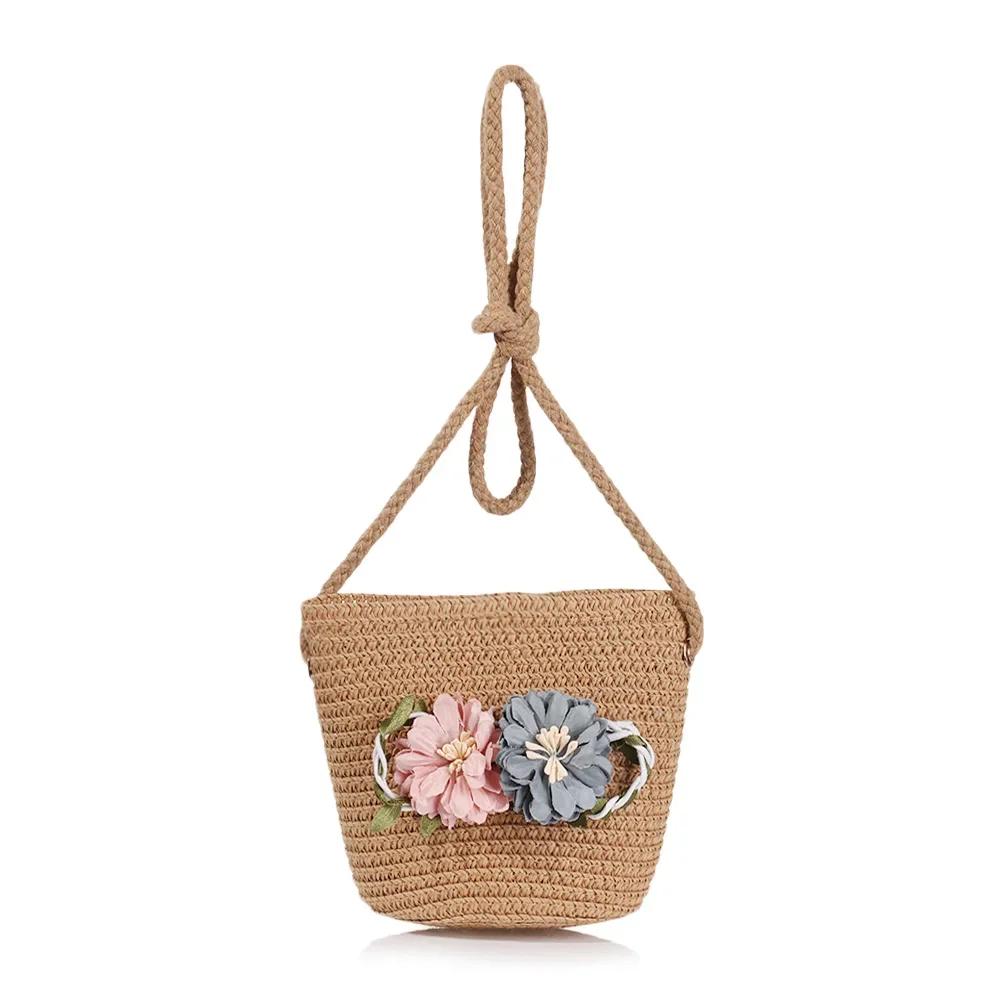 New Summer Kids Flower Caps Bag Girl Sandy Beach Hat Baby Coin Cute Weave Straw Purse Children's Messenger Backpack