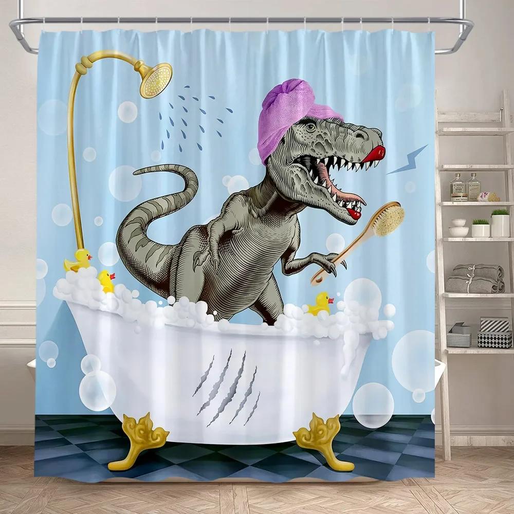 Lustige Badende Dinosaurier Duschvorhänge Schwarze Katze Tiersilhouette Kinder Badevorhang Modernes Polyester Badezimmerdekor mit Haken
