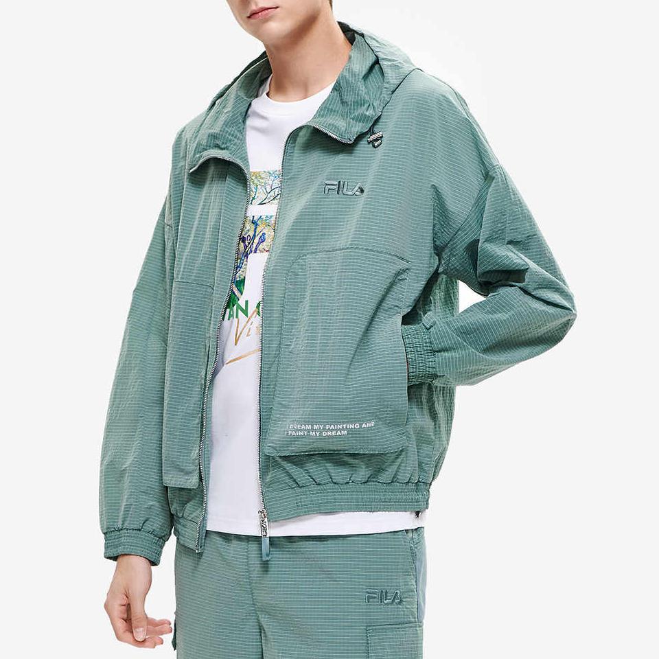 FILA Van Gogh Collaboration Solid Color Logo Breathable Woven Hooded Jacket Men jackets Ail-Green F11M228702F-TQ