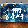 2D Blue Watercolor Happy Birthday Backdrop with Gold Dots Photo Booth Background