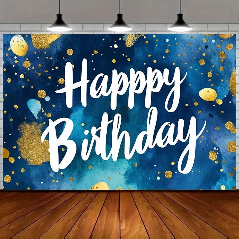 2D Blue Watercolor Happy Birthday Backdrop with Gold Dots Photo Booth Background