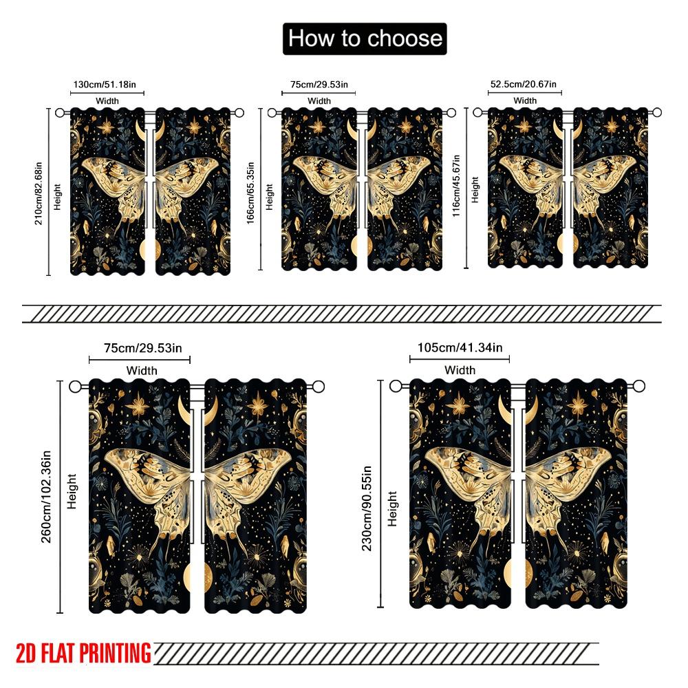2pcs,2D plane printing Curtain Popular Moonlit Mothscape Durable Polyester (without rod) Decorations Inside Use for Bedroom &