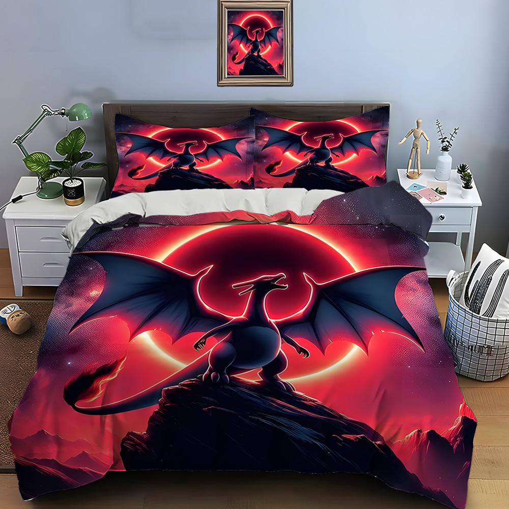 10 Sizes Pokémon Charizard Print Bedding Set 3 Pieces Setting Bed King Size Pillowcase Adult Bed Cover Bedroom Bed Set for Gifts