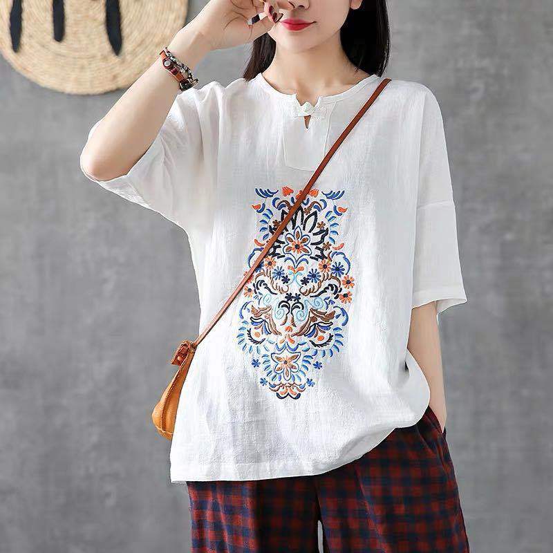 Vintage Embroidered Loose Fit V-neck Short Sleeve Cotton Linen T-Shirt Women Top