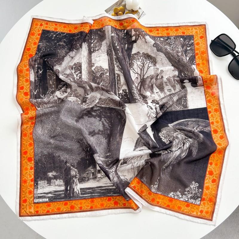 New spring and summer light and breathable 61 * 61cm square scarf versatile printed mulberry silk cotton blended women's silk scarf