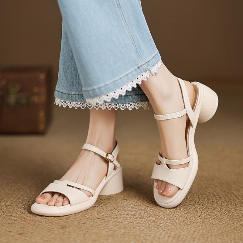 New round head high-heeled sandals casual summer buckle wide strip sandals women's rubber thick sole non-slip large and small size women's shoes
