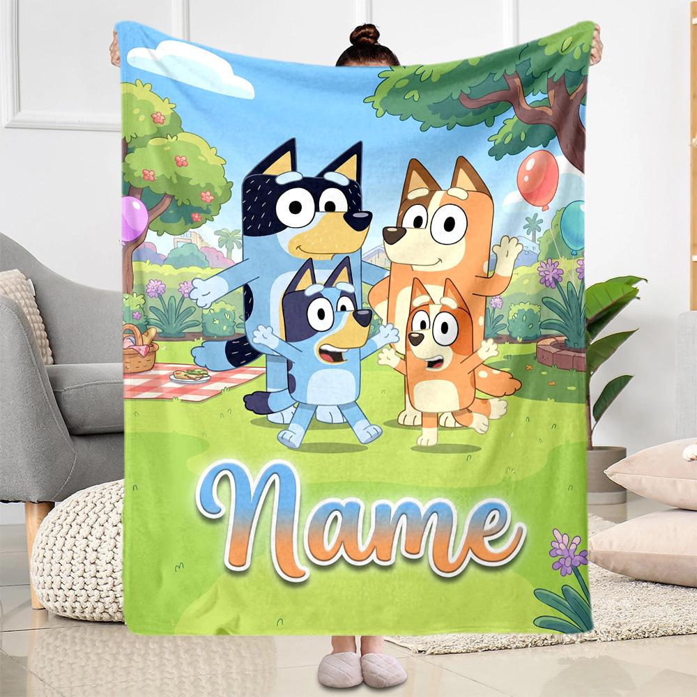 Bluey's Outdoor Fun Customize Your Name Blanket Multi-purpose Personalized Blanket Ultra-Soft Versatile for Bedding Livingroom Seaside Nap