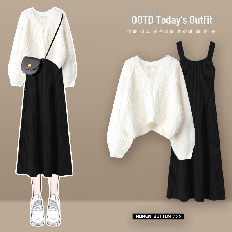 Women's Knit Suspender Dress & Sweater Skirt Set for Autumn/Winter