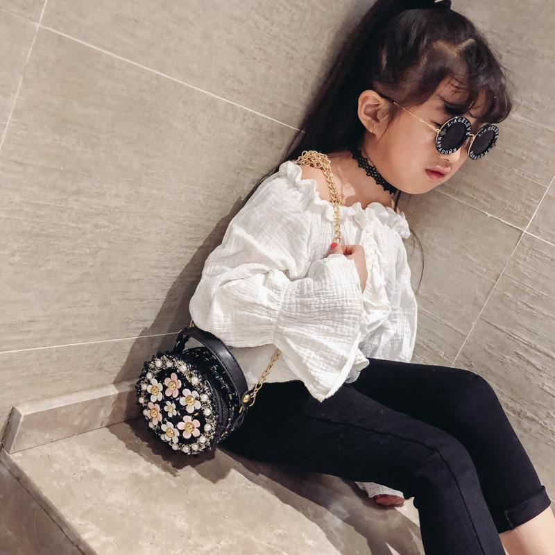 Stylish Floral Mini Round Handbag For Kids Fashionable Soft Leather Tote Bag