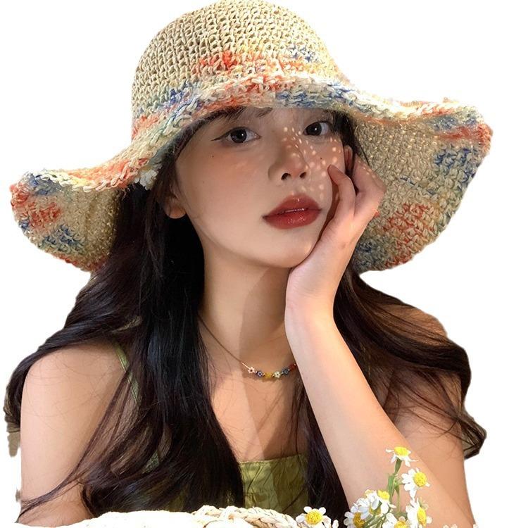 Hand-woven straw hat, color mixed thread, big brim, fashion sunscreen, straw hat, children's vacation style sun hat, summer